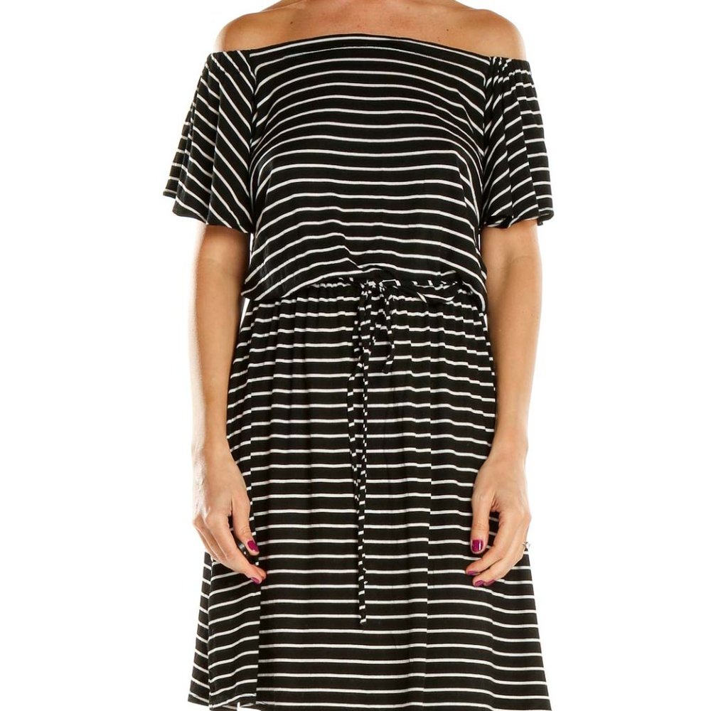 LOFT Black Striped Off Shoulder Tie Dress XS